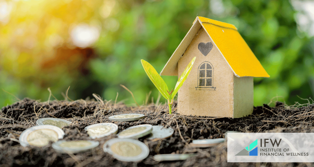 An image of a house and coins on a piece of land